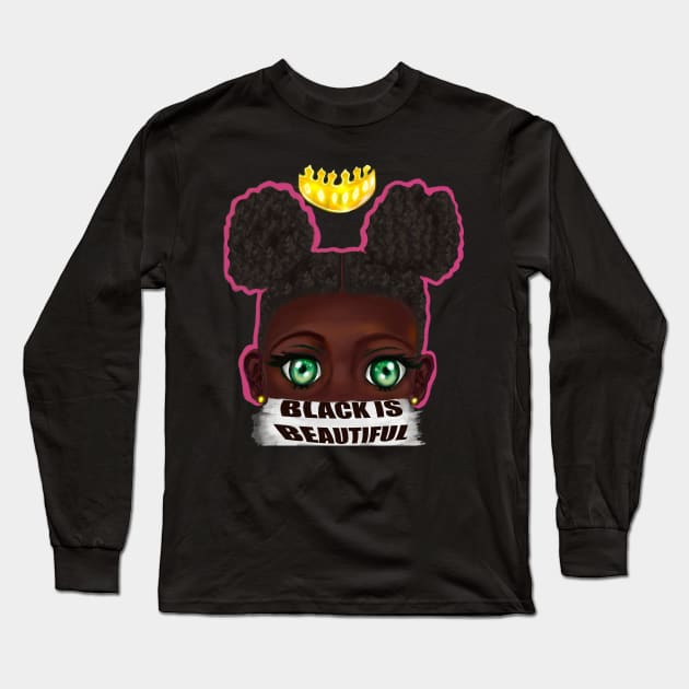 Black is beautiful black girl with Afro hair in puffs, green eyes and dark brown skin side profile. Hair love ! Long Sleeve T-Shirt by Artonmytee